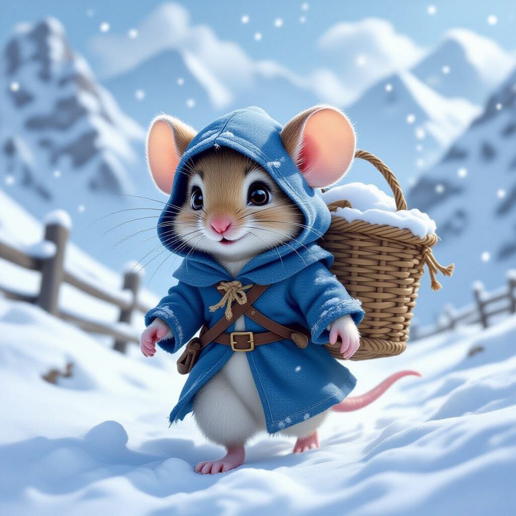 Adventurous Mouse in Snowy Mountain Landscape