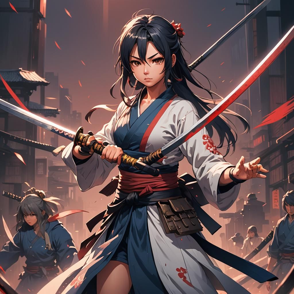 Anime Girl with Katana in Cel-Shaded Style