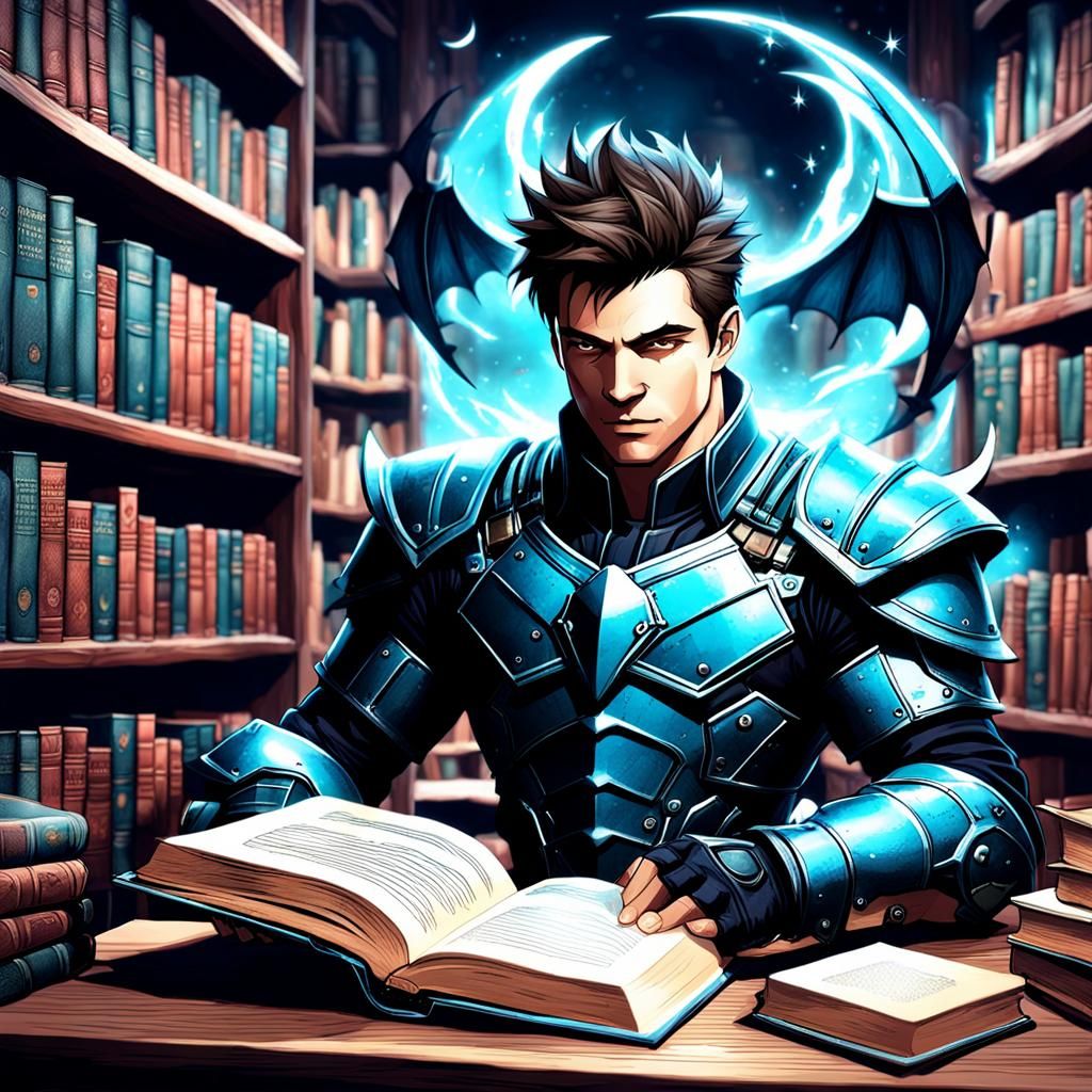 Anime Girl in Library, Alphonse Mucha and Rutkowski Style