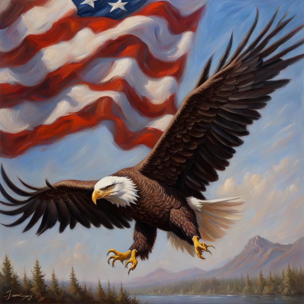 Bald Eagle Flying Past American Flag as Oil Painting