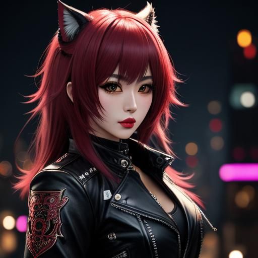 Kawaii Neko Girl in Leather Jacket, Detailed Digital Art