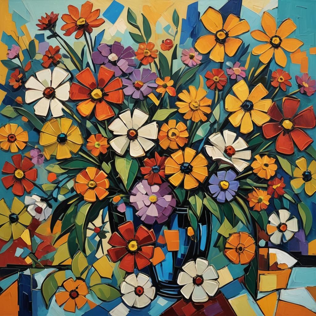 Cubist Still Life with Geometric Flowers in Impasto