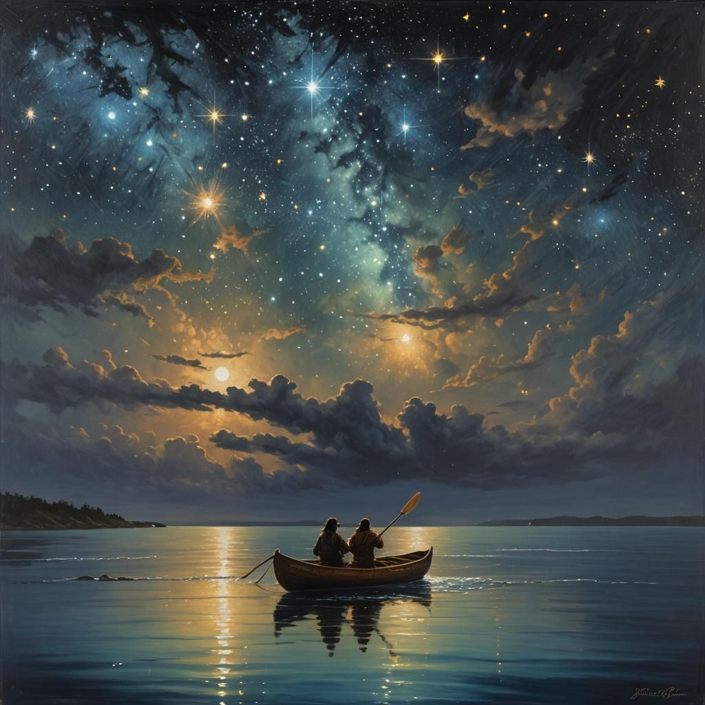 Canoe on Starry Ocean: Oil Painting