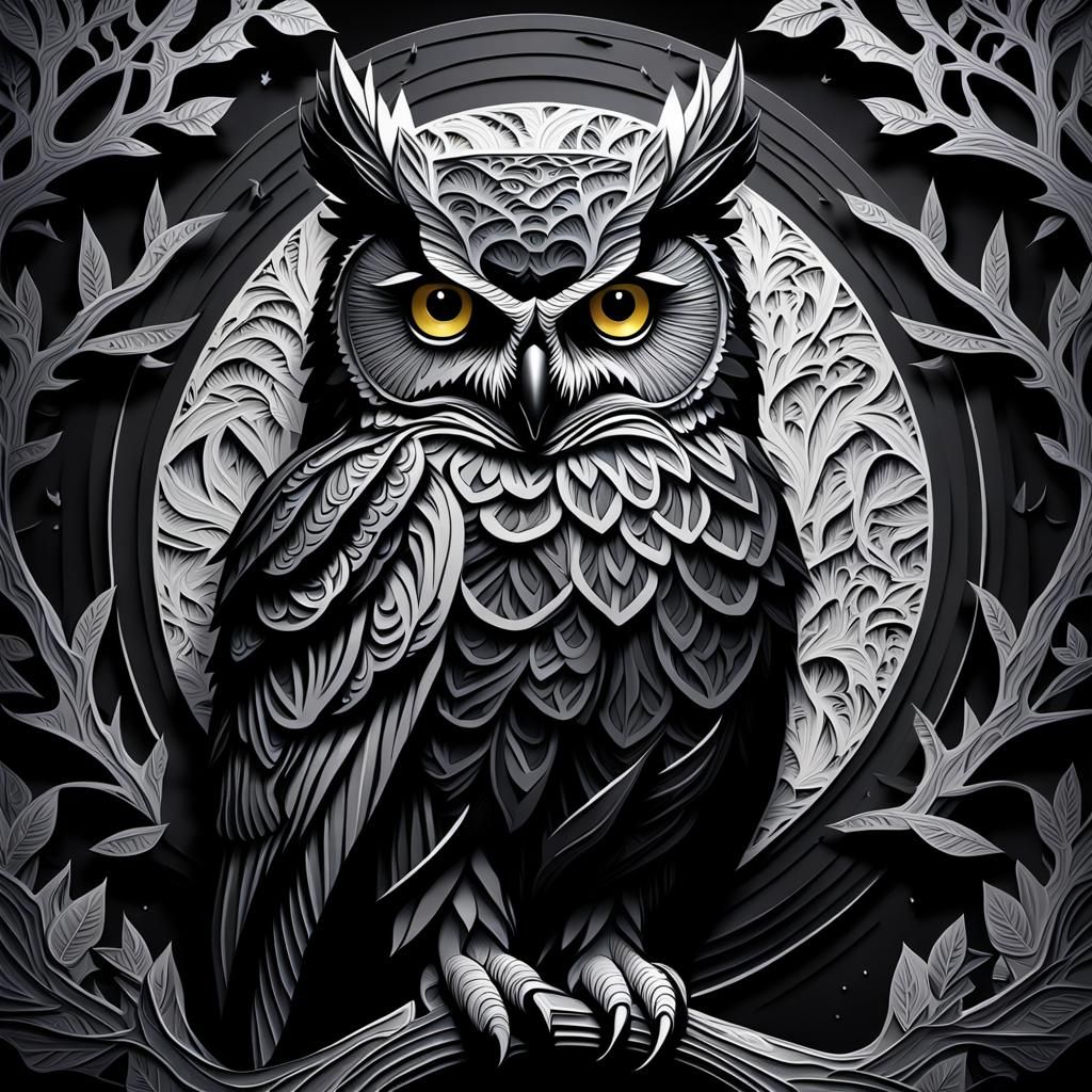 Monochromatic Great Horned Owl in Papercraft Style