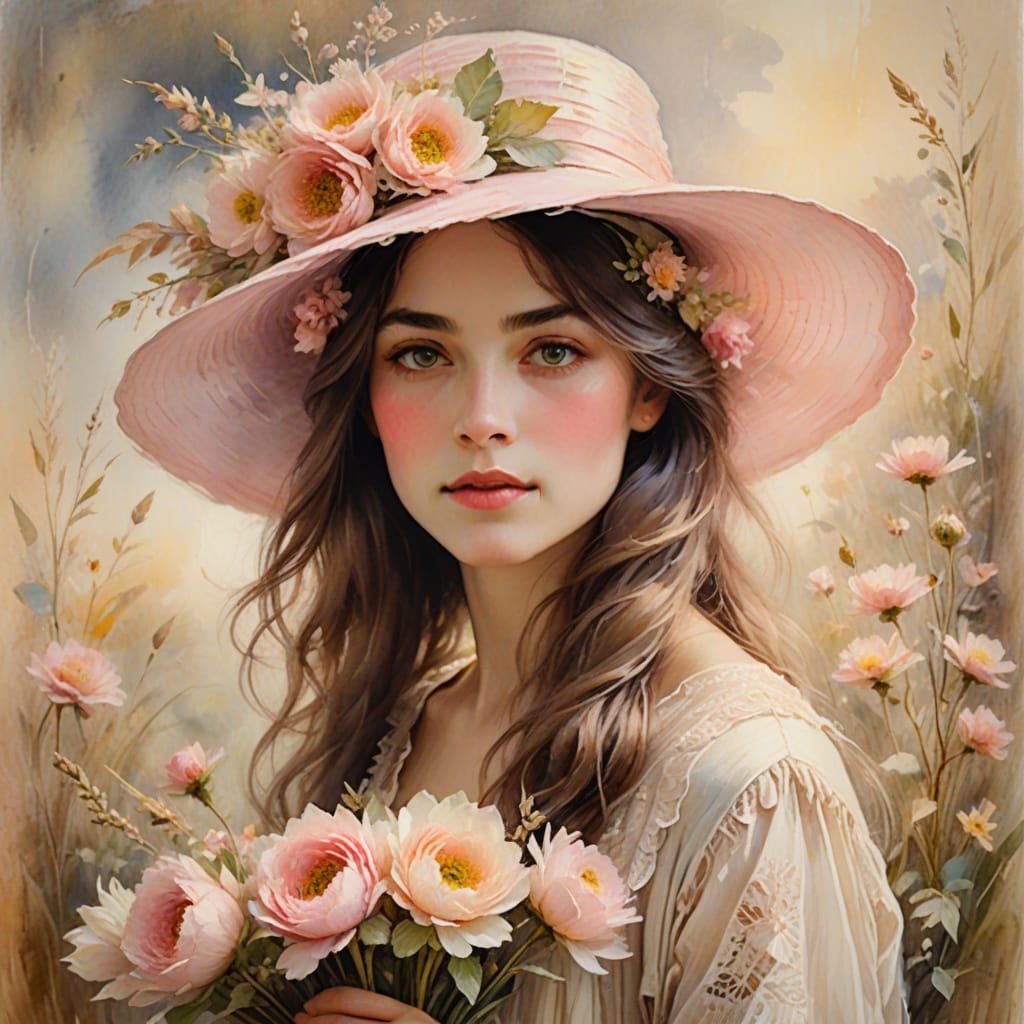 Ethereal Watercolor Portrait of a Woman in a Whimsical Pink ...