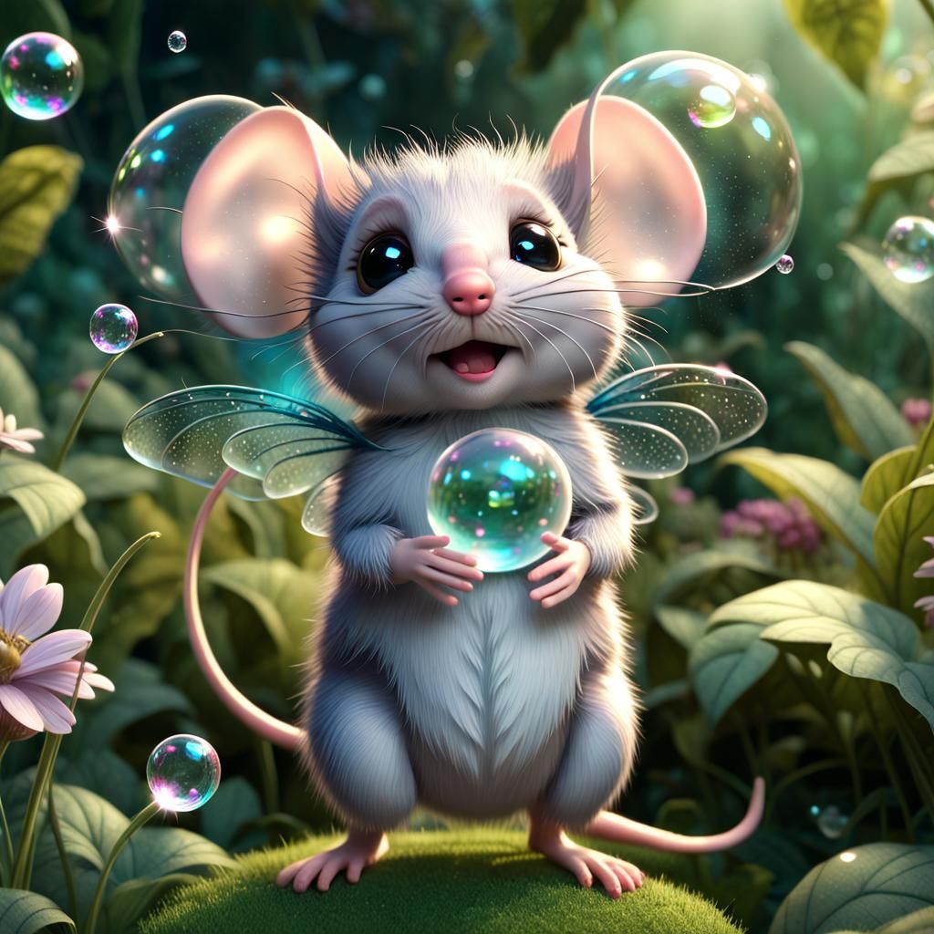 Adorable Pixie Mouse with Bubble in Lush Garden