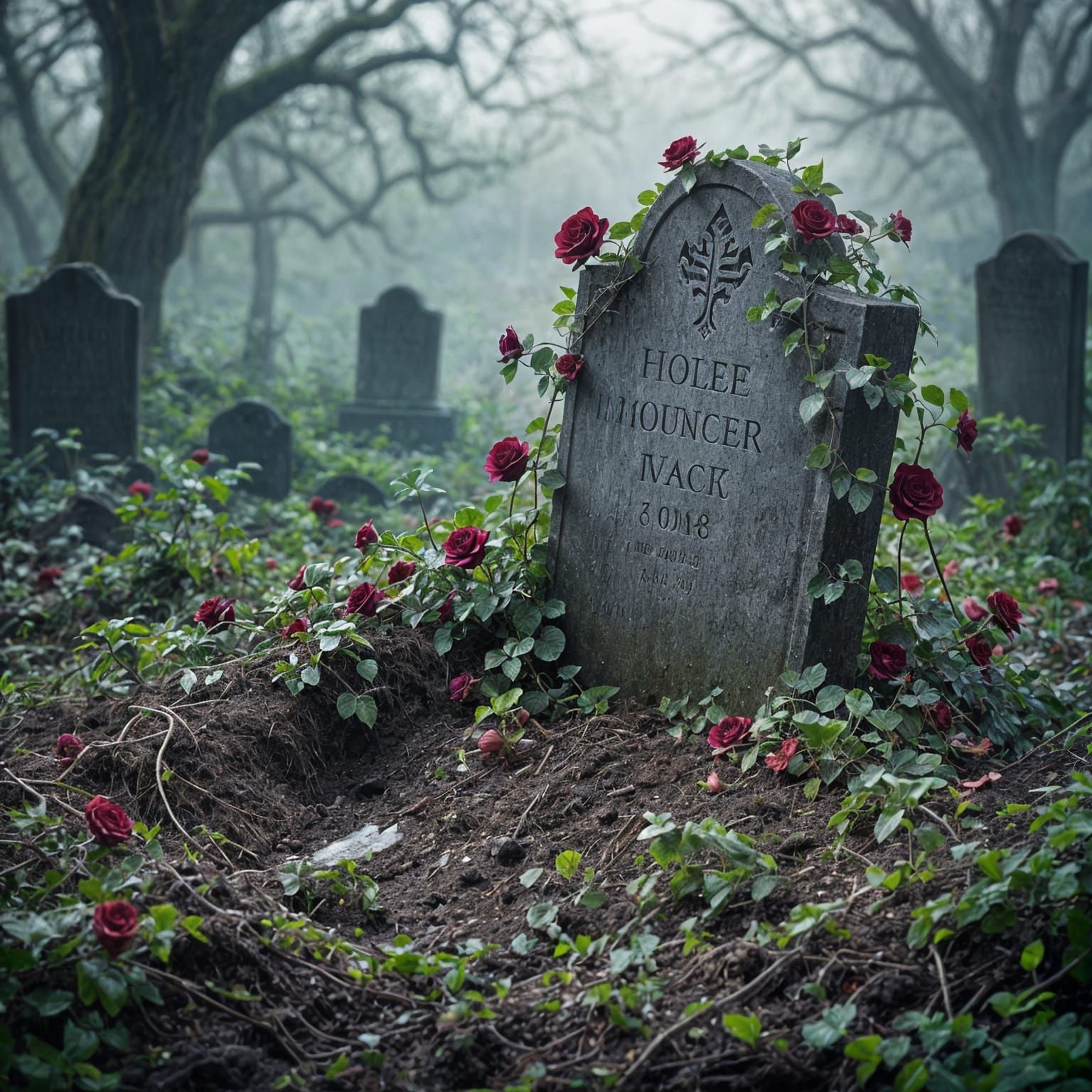 Freshly Dug Grave in Shadowed Cemetery with Glistening Roses