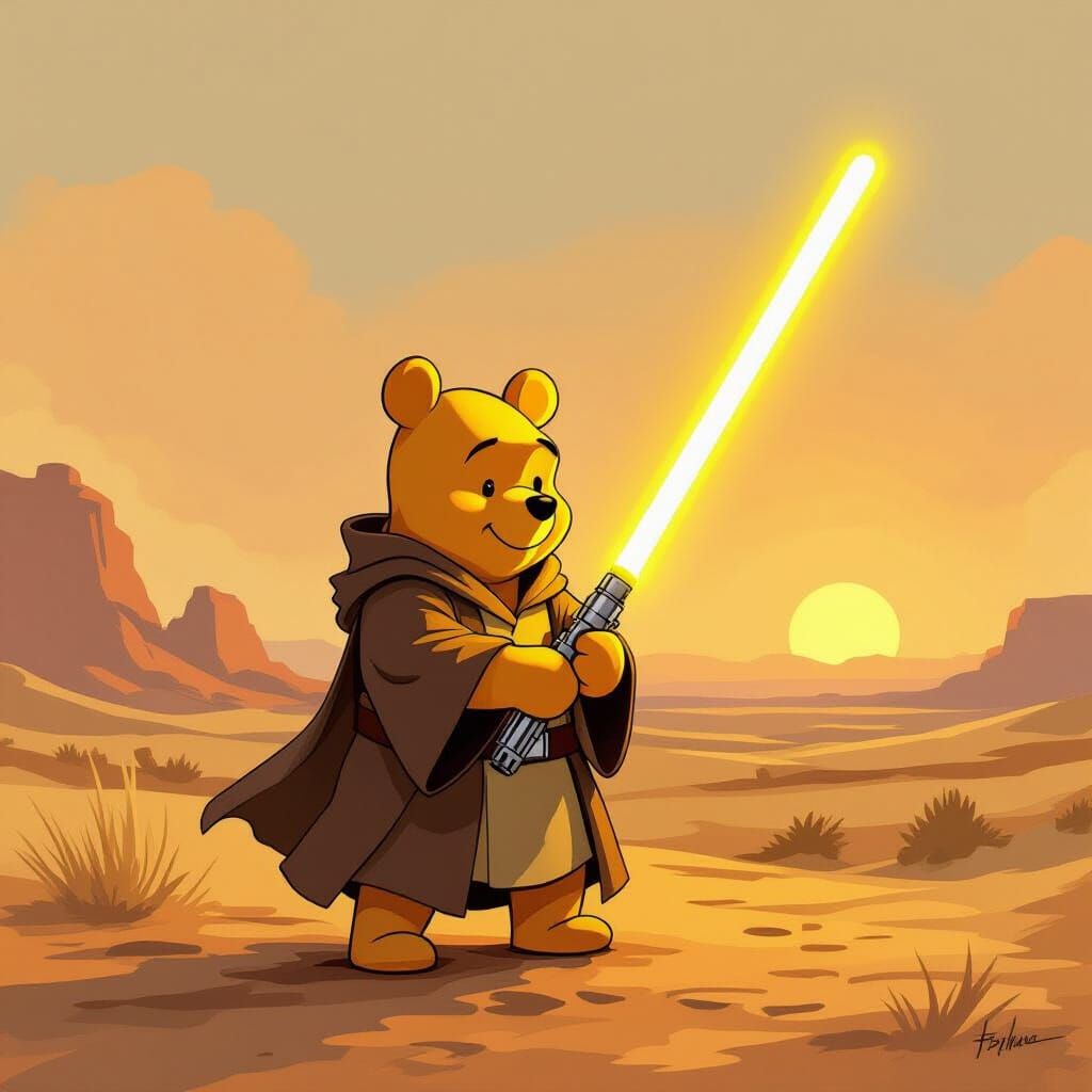 Winnie the Pooh as a Jedi Knight in Desert Landscape