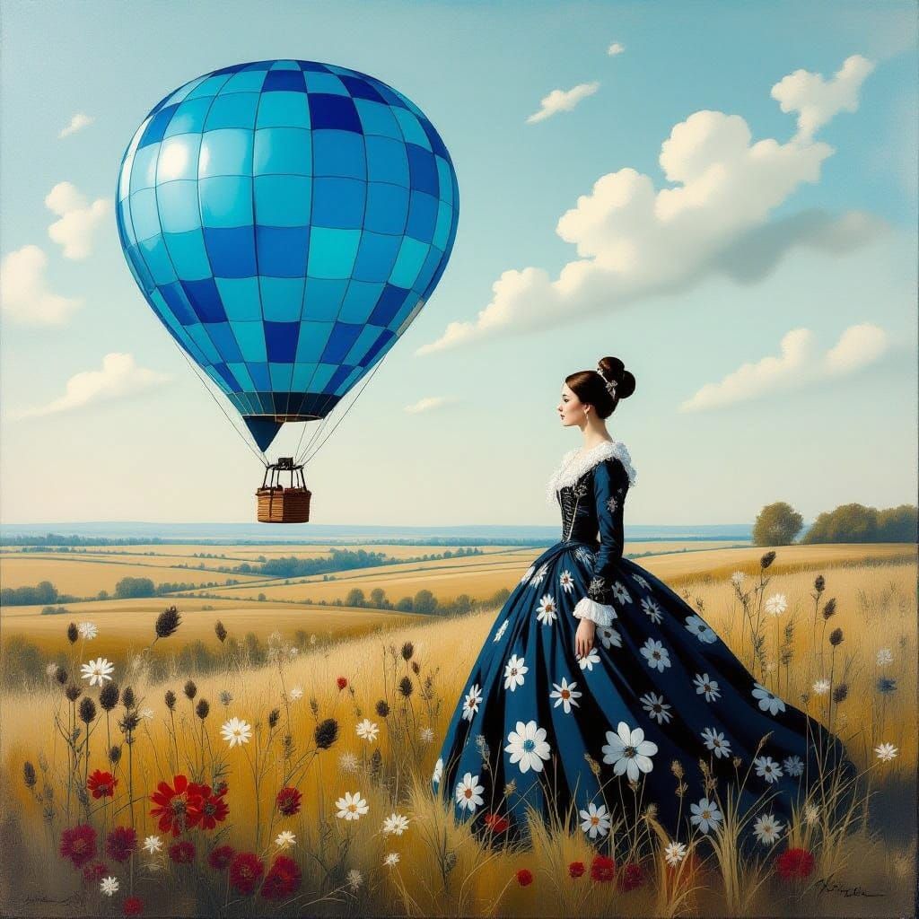 Woman in Blue Hot Air Balloon: Oil Painting