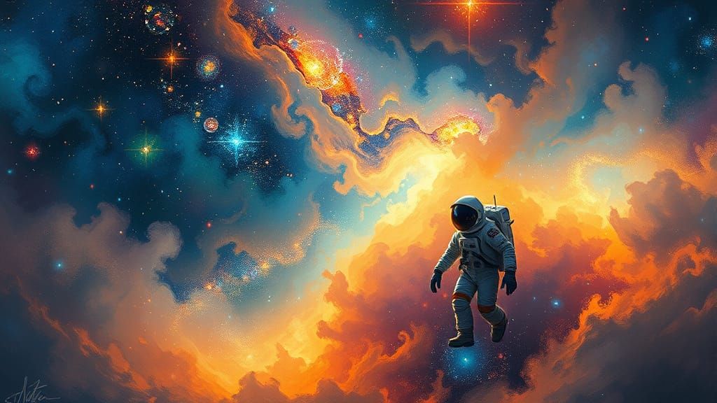 Astronaut Adrift in Cosmic Nebula, Impressionistic Style