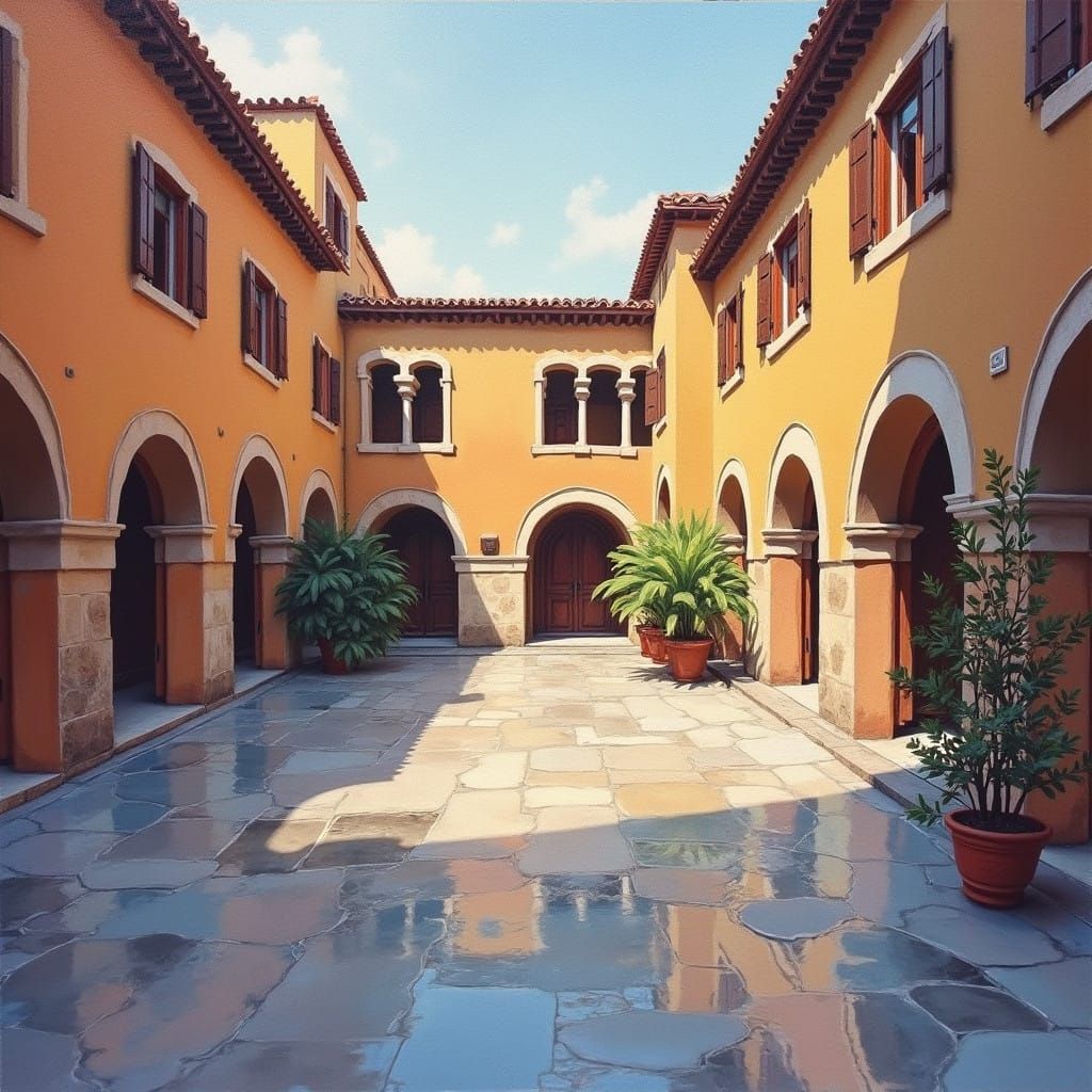 Ethereal Courtyard Masterpiece in Gouache Impressionism