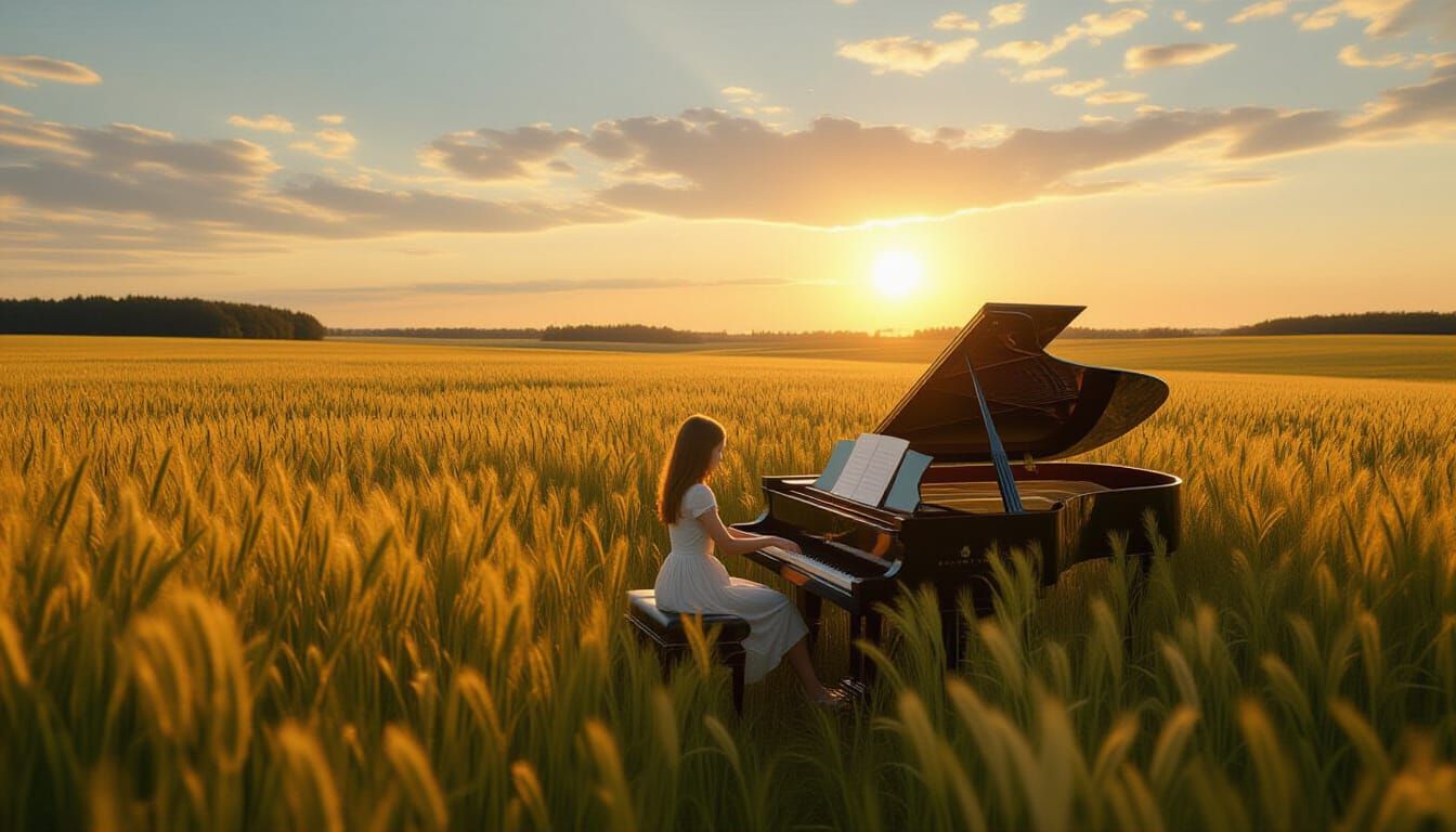 Girl Plays Piano in Meadow: Cinematic Digital Painting