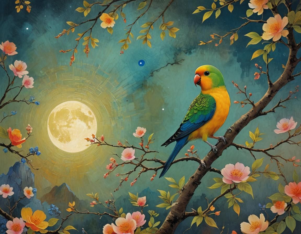 Moonlit Parakeet Singing in Fantasy Floral Tree