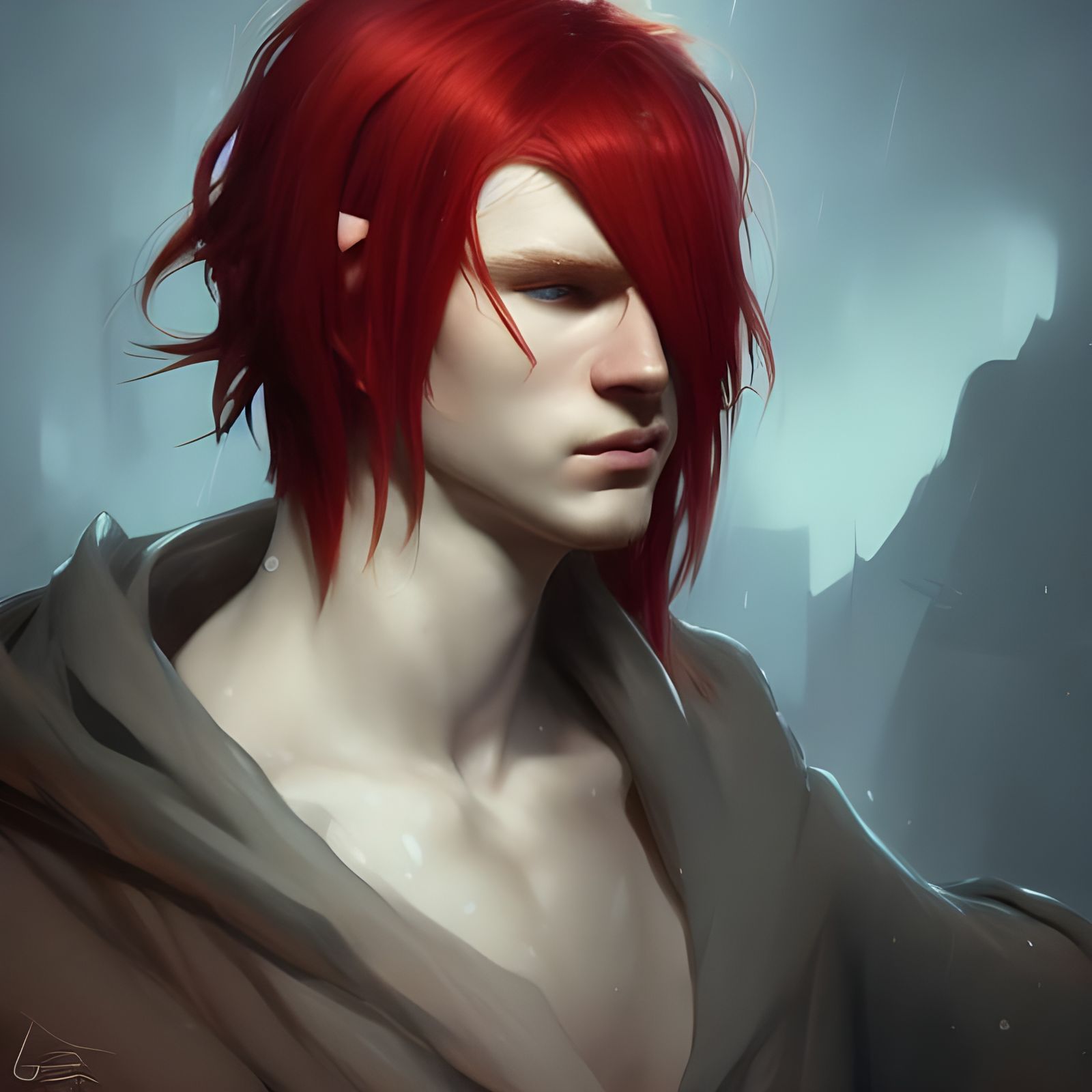 Sad Red-Haired Elf Portrait in Hyperdetailed Style