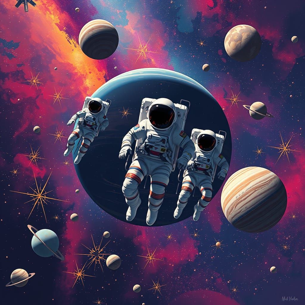 Astronauts Floating in Space with Galaxy Backdrop