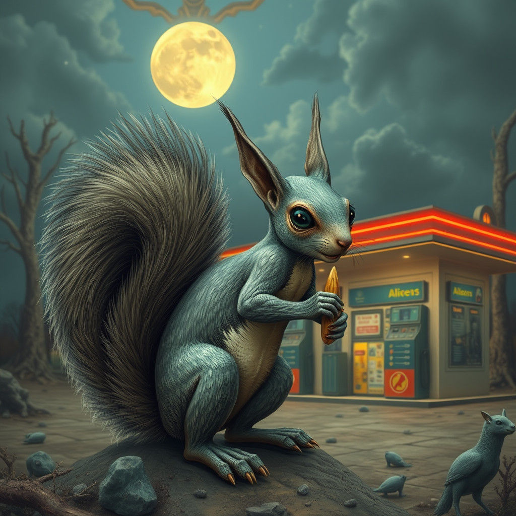 Alien Squirrel at Gas Station, Fauvist Style