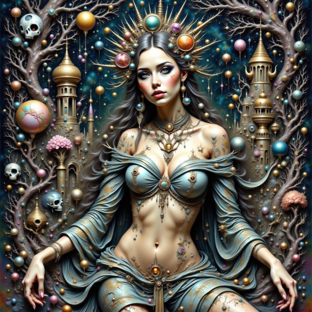 Ethereal Goddess in Spectral Castle, Pastel Pen Drawing