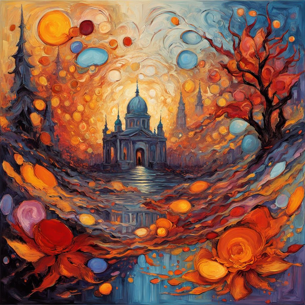 Abstract Dreamscape in Ochre with Geometric Architecture