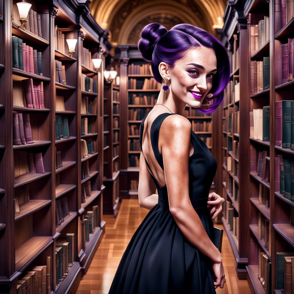 Anime Woman with Freckles in Ancient Library