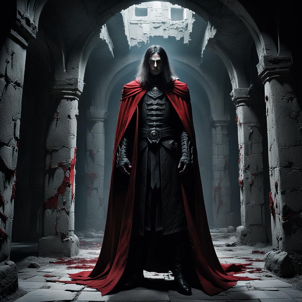Alucard in Ruined Castle Hallway: Dark Fantasy Illustration
