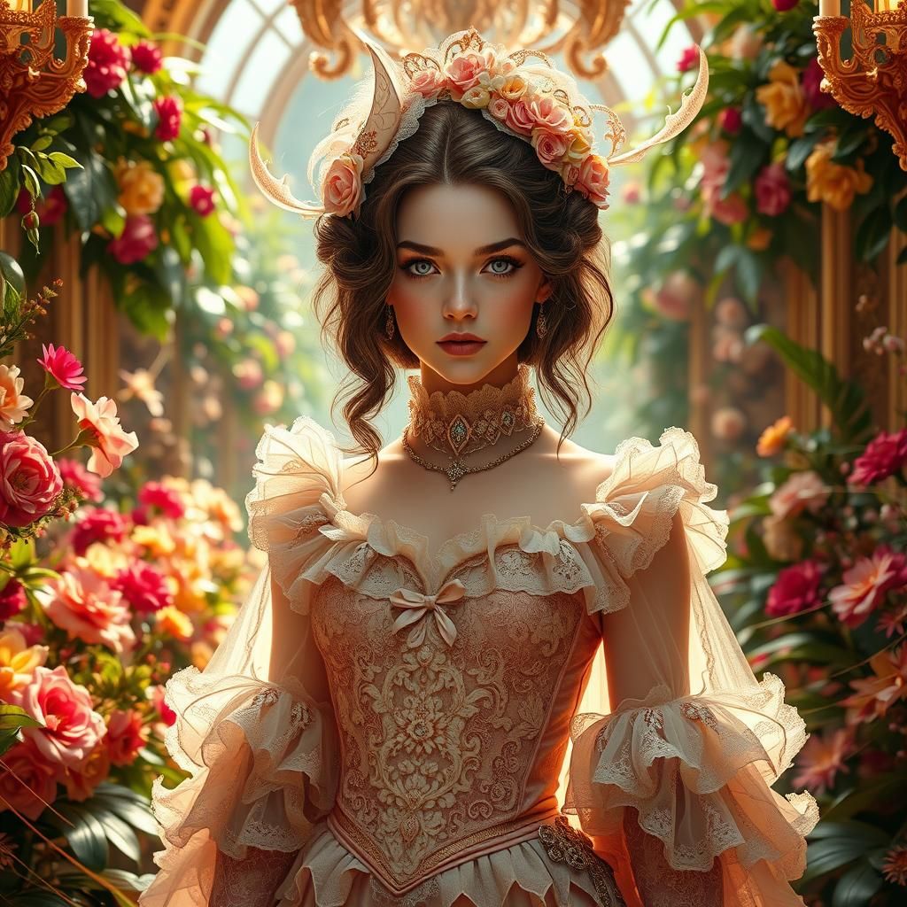 Assertive Woman in Ornate Attire with Floral Backdrop