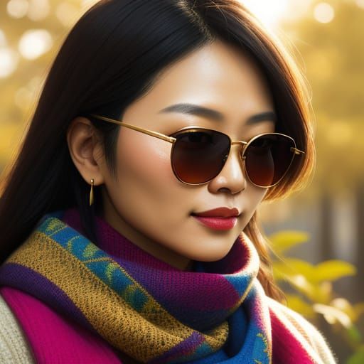 Asian Woman Adjusting Sunglasses as Oil Painting