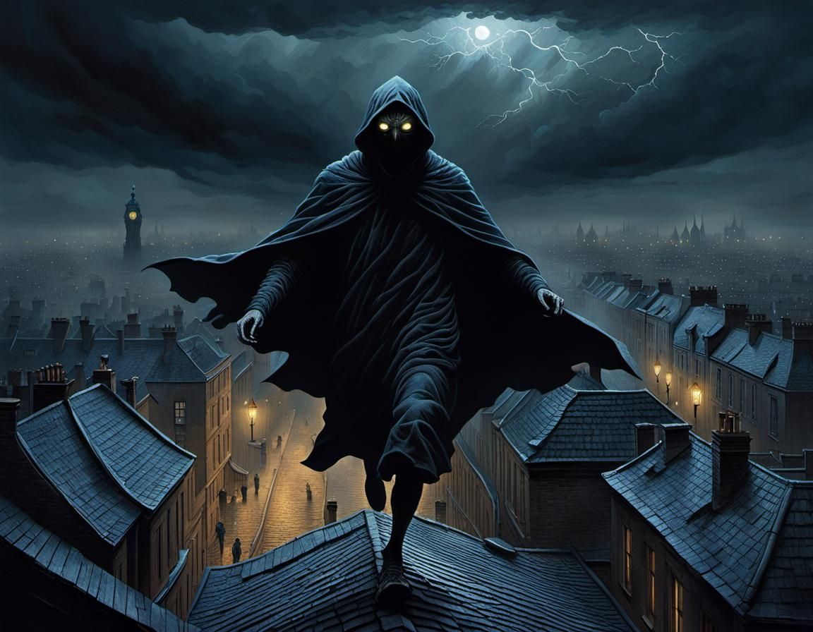 Shadowy Figure on Victorian Rooftops