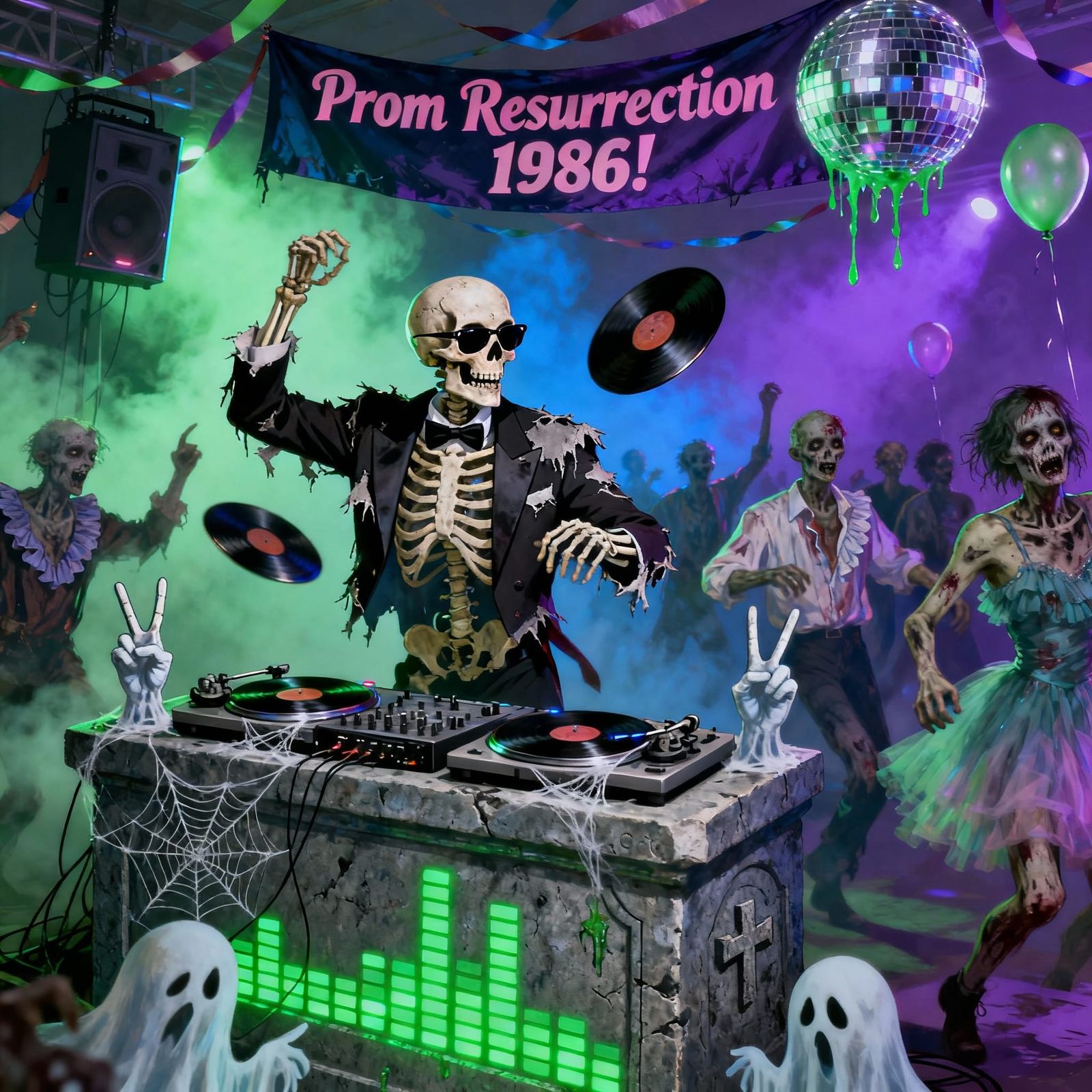 Zombie DJ Spins Records at Undead Prom in Neon Mist