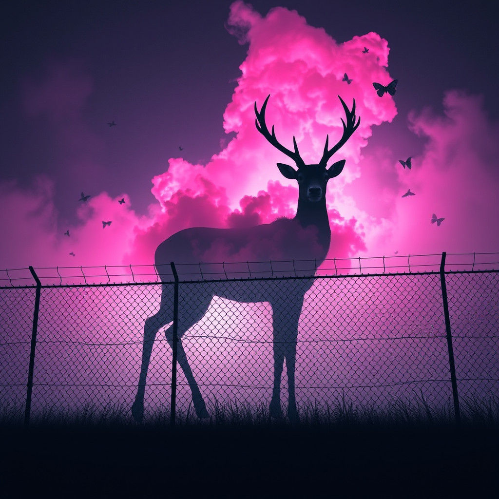 Mysterious Deer in Pink Smoke, Dreamlike Matte Painting
