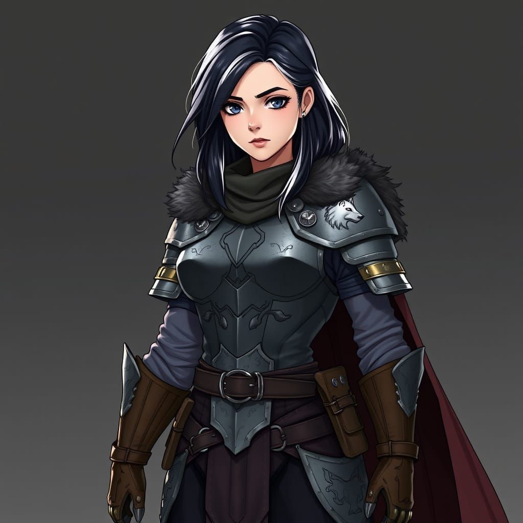 A Toned Aasimar Warrior in Plate Armor with a Gray Wolf Embl...