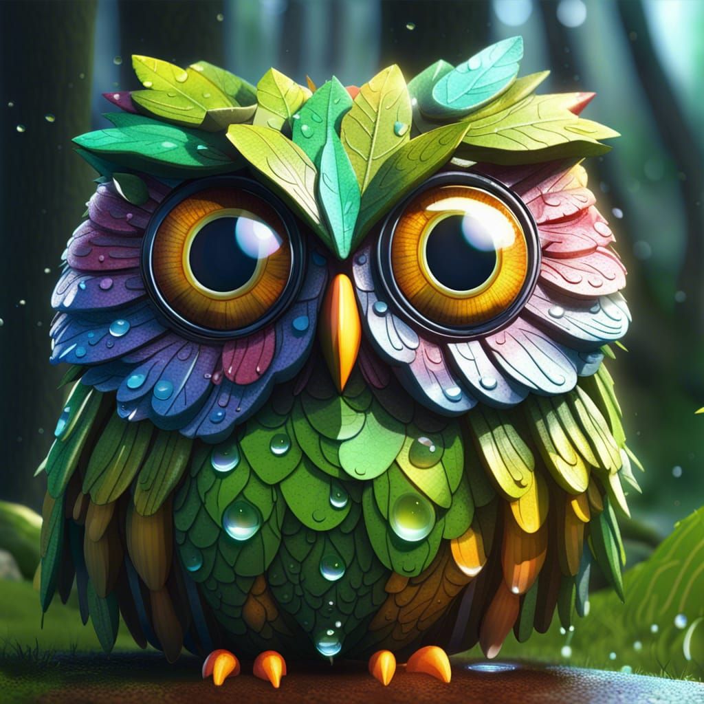 Multichromatic Leaf Owl Portrait in Hyperreal CGI Style