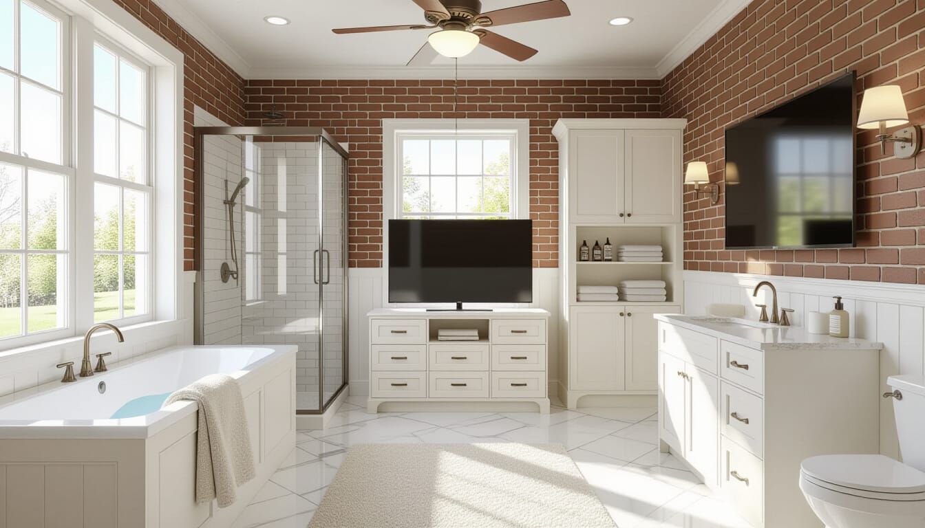 Victorian Bathroom Oasis with Ivory Marble and Tree View