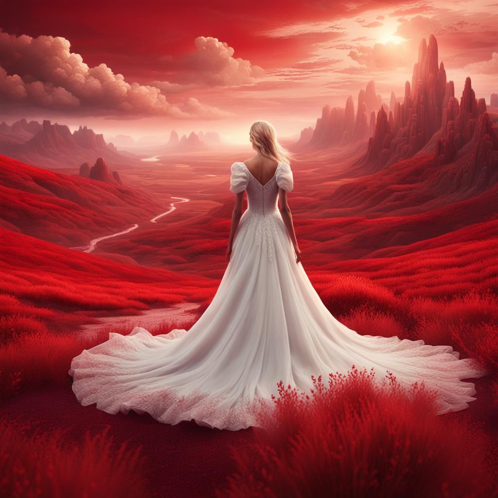 Blonde Woman in Red Landscape: Digital Matte Painting