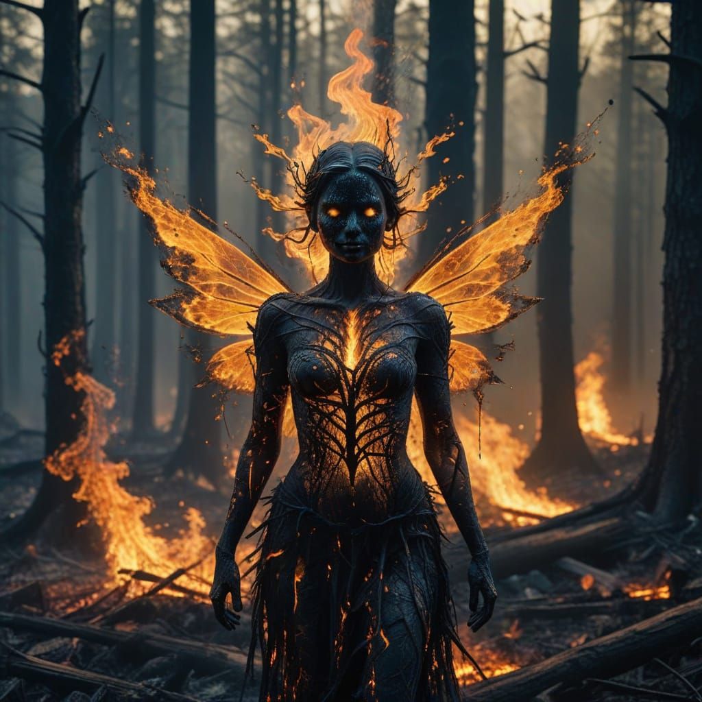 Ash Fairy in Charred Forest: Pop Art Surrealism