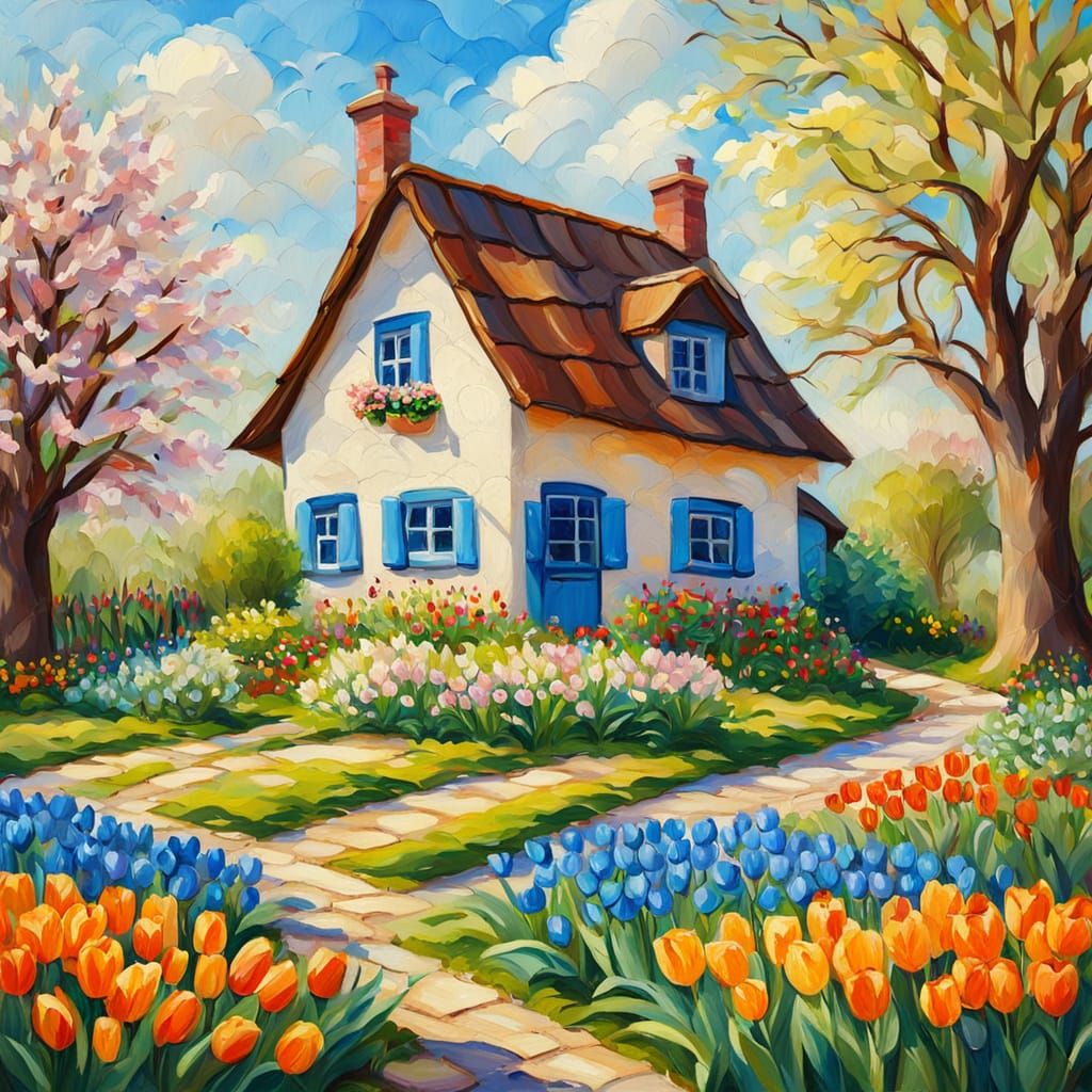 Whimsical Spring Cottage in Oil Painting