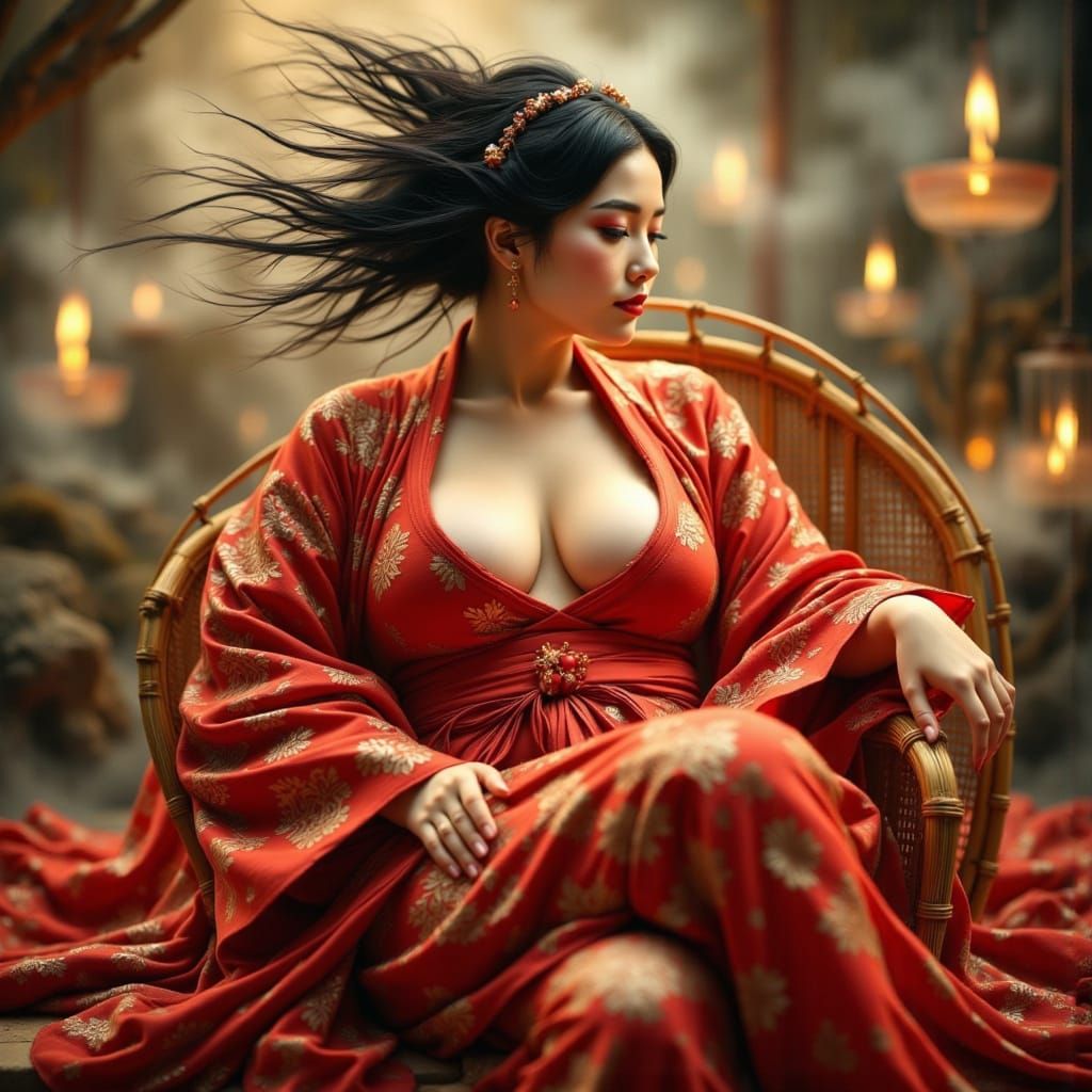 Ethereal Geisha in Crimson Kimono