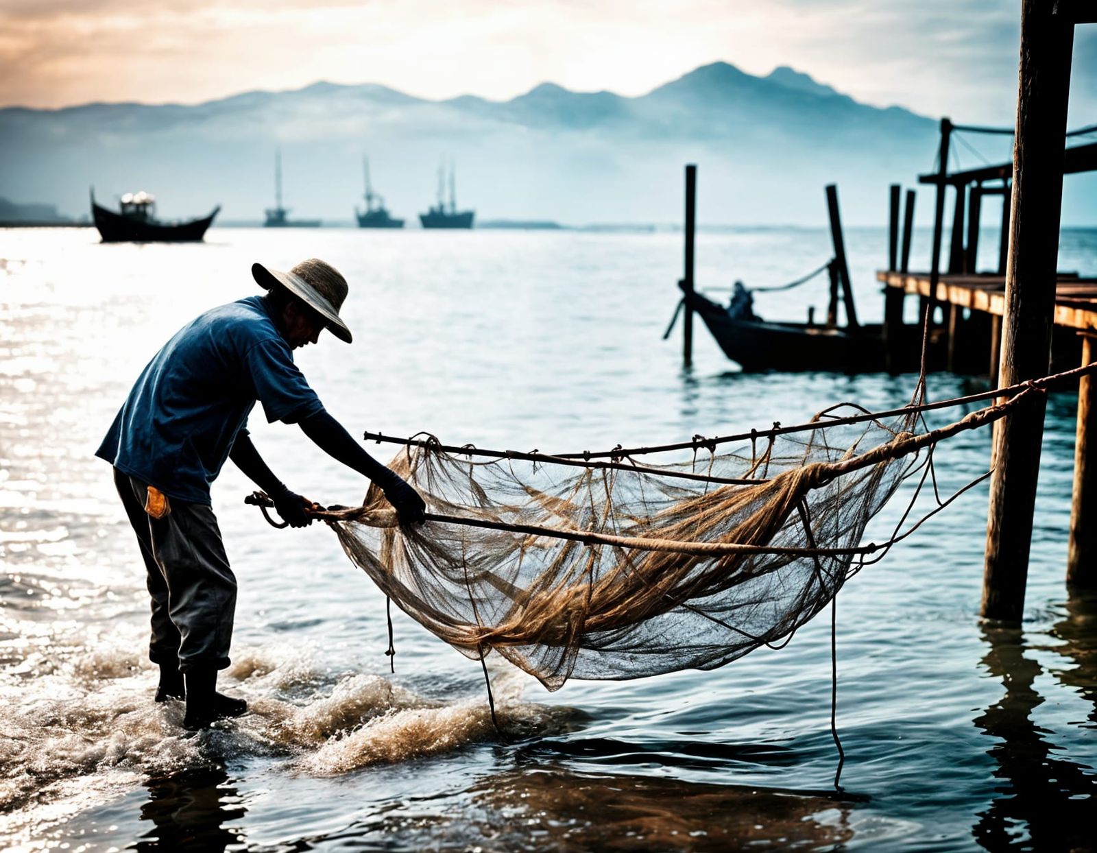 Fisherman Mending Nets in Foggy Dutch Golden Age Style