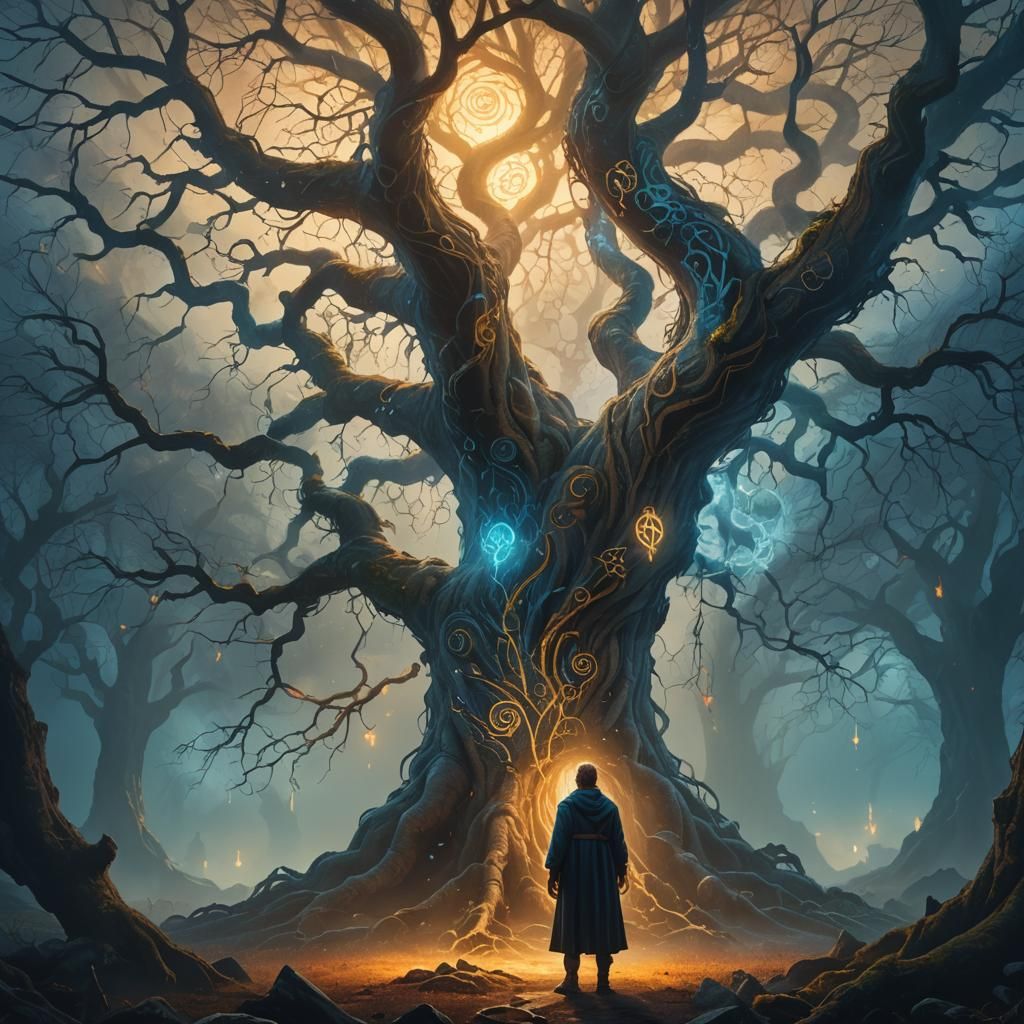 Mystical Figure Before Ancient Tree in Magic Realism