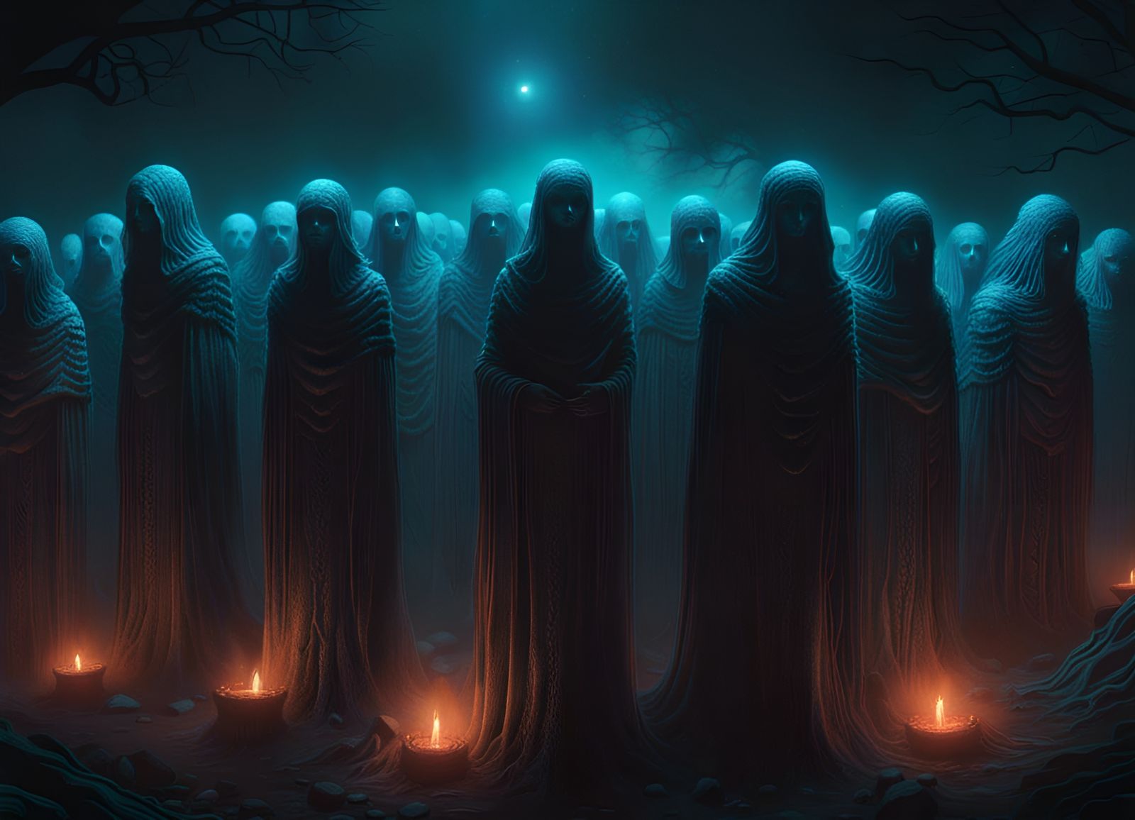 Ghostly Gathering at Night in Surreal Style