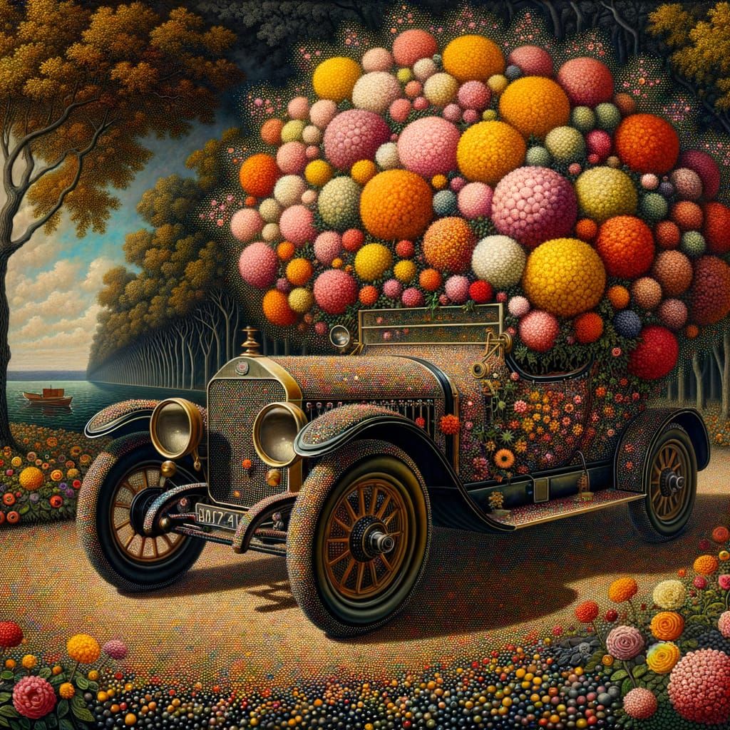 Surreal Antique Car with Floral Overgrowth