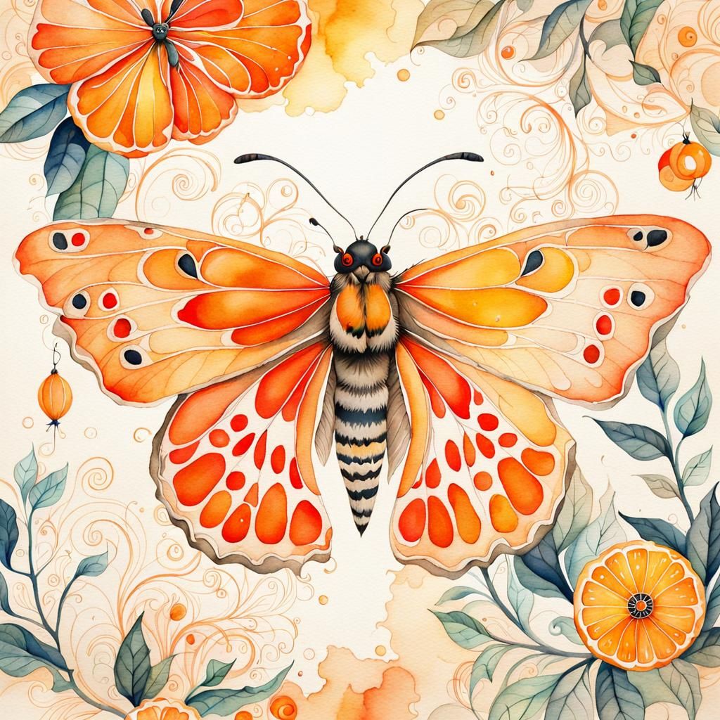 Ethereal Tangerine Moth in Watercolor Splash Art