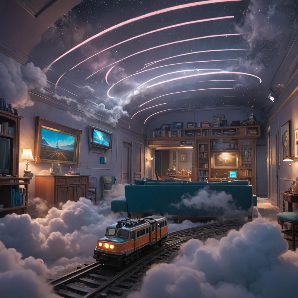 Miniature Holographic Train Amidst Glittering Stardust