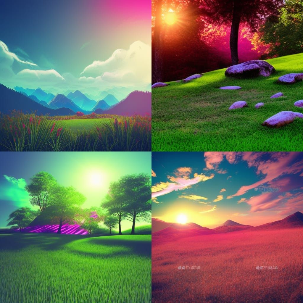 Synthwave Landscape with Green Grass and Boulders