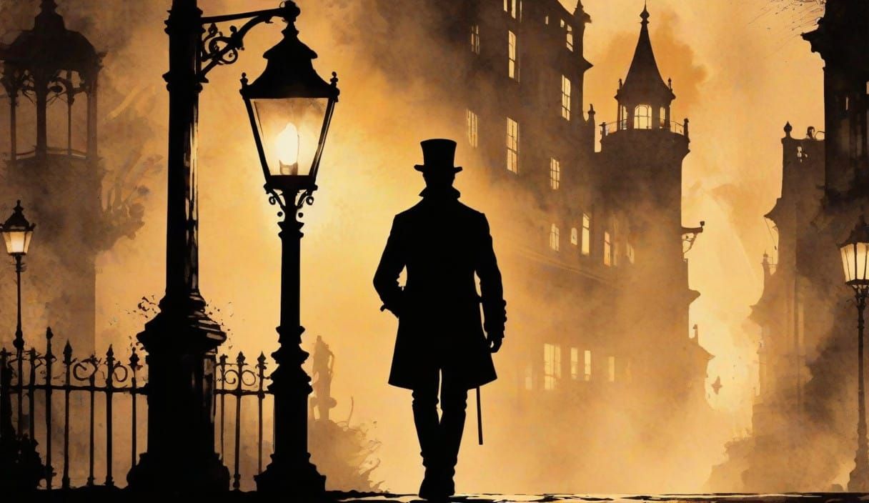 Dark Figure Illuminated by Vintage Street Lanterns in Steamp...