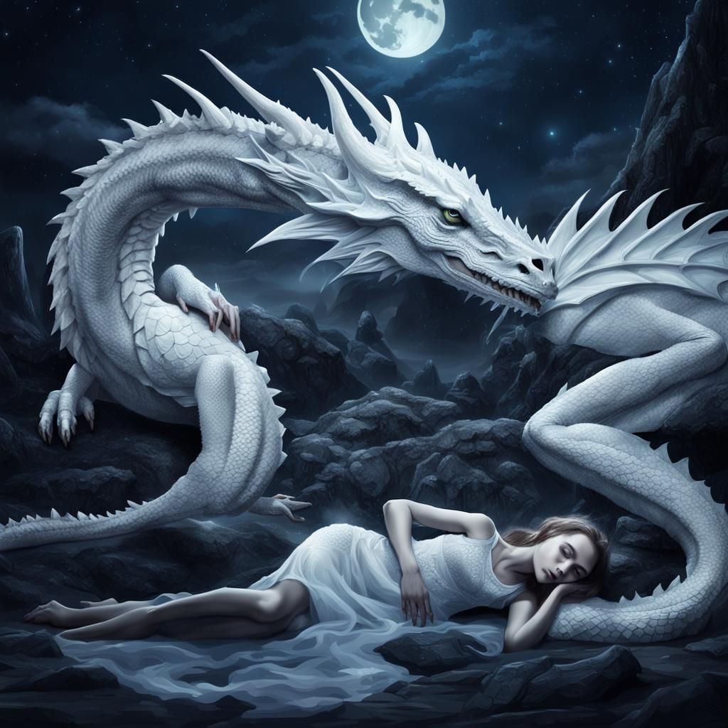 Girl and Dragon in Mystical Night, 8K Photography