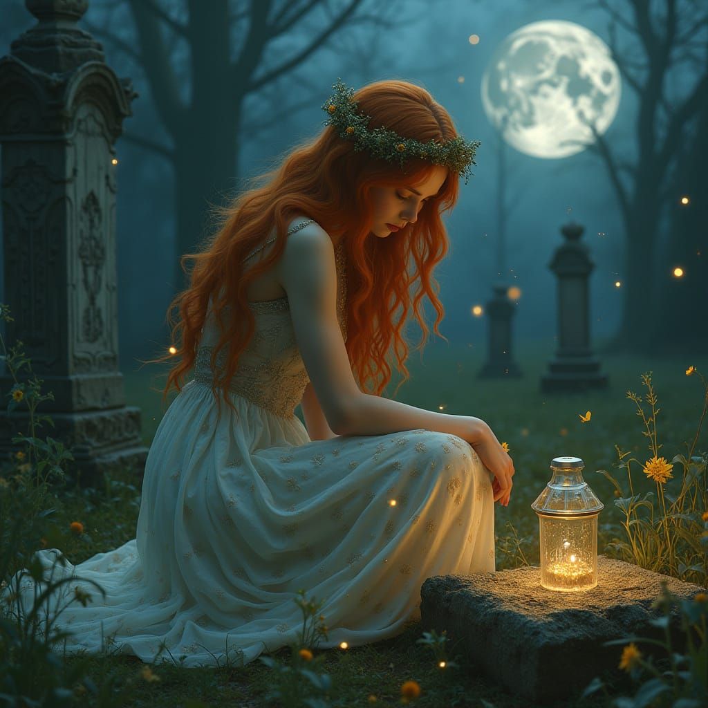 A sorrowful woman with long, flowing auburn hair, adorned with wildflowers, kneels at a grave in a forgotten cemetery, f...