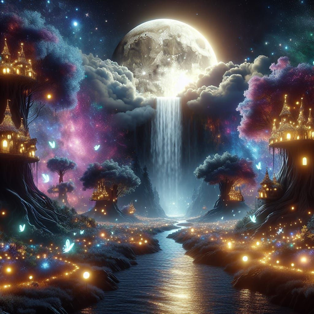 Hyperrealistic Fairy Valley Under a Gargantuan Moon