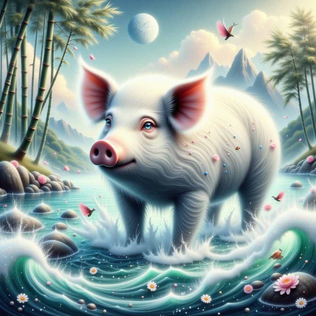 Water-Yang Pig Emerge from Serene Ocean in Whimsical Surreal...