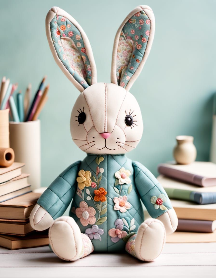 Stylised Quilted Rabbit on Wooden Table