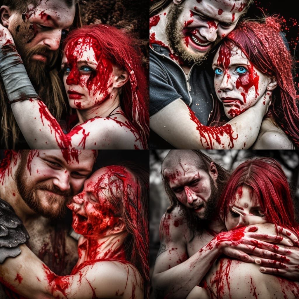Bloody Viking Couple Hug in Extreme Detail